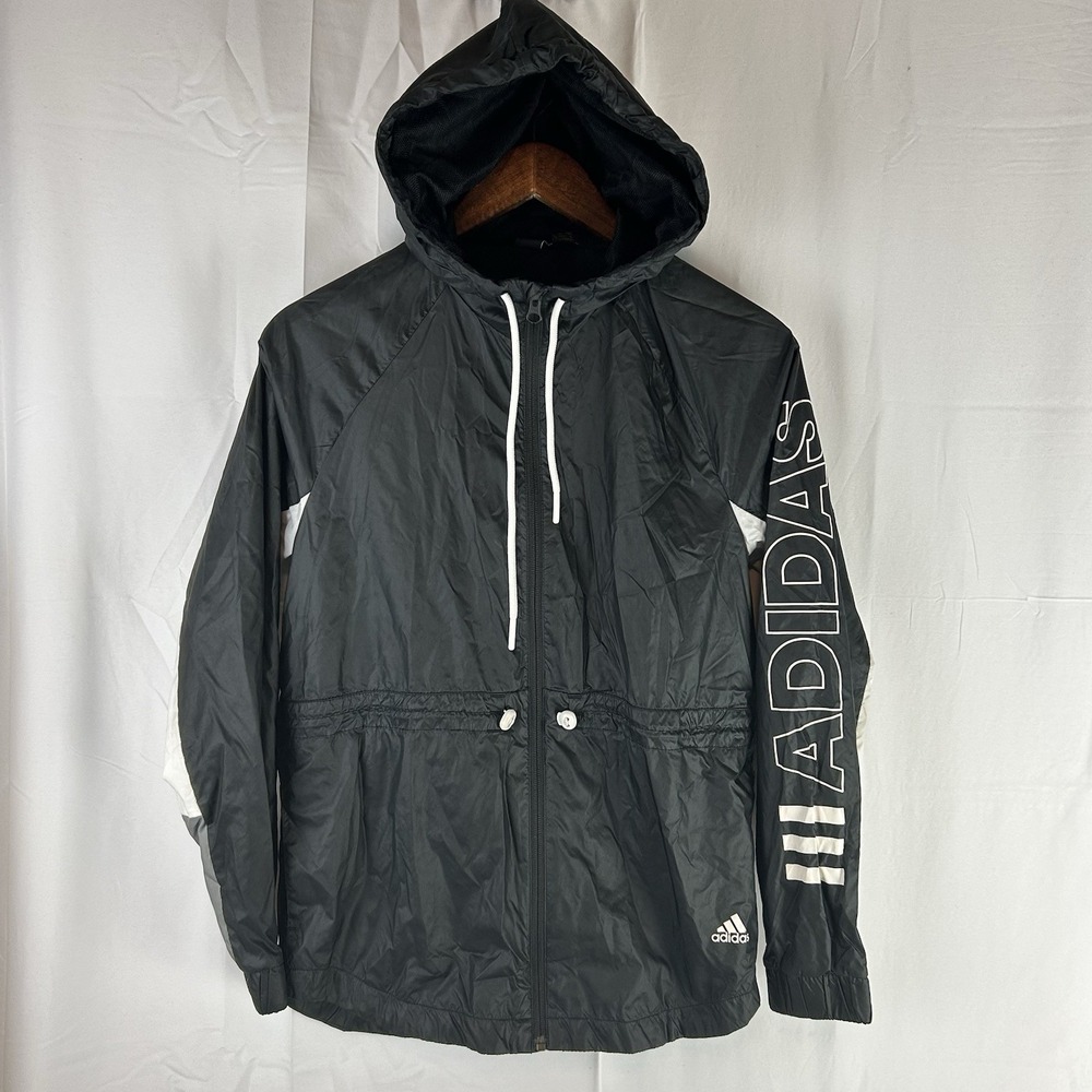 Adidas Women Sz XS Black Wind Breaker Zip Up Hooded Jacket Cinched‎ Waist